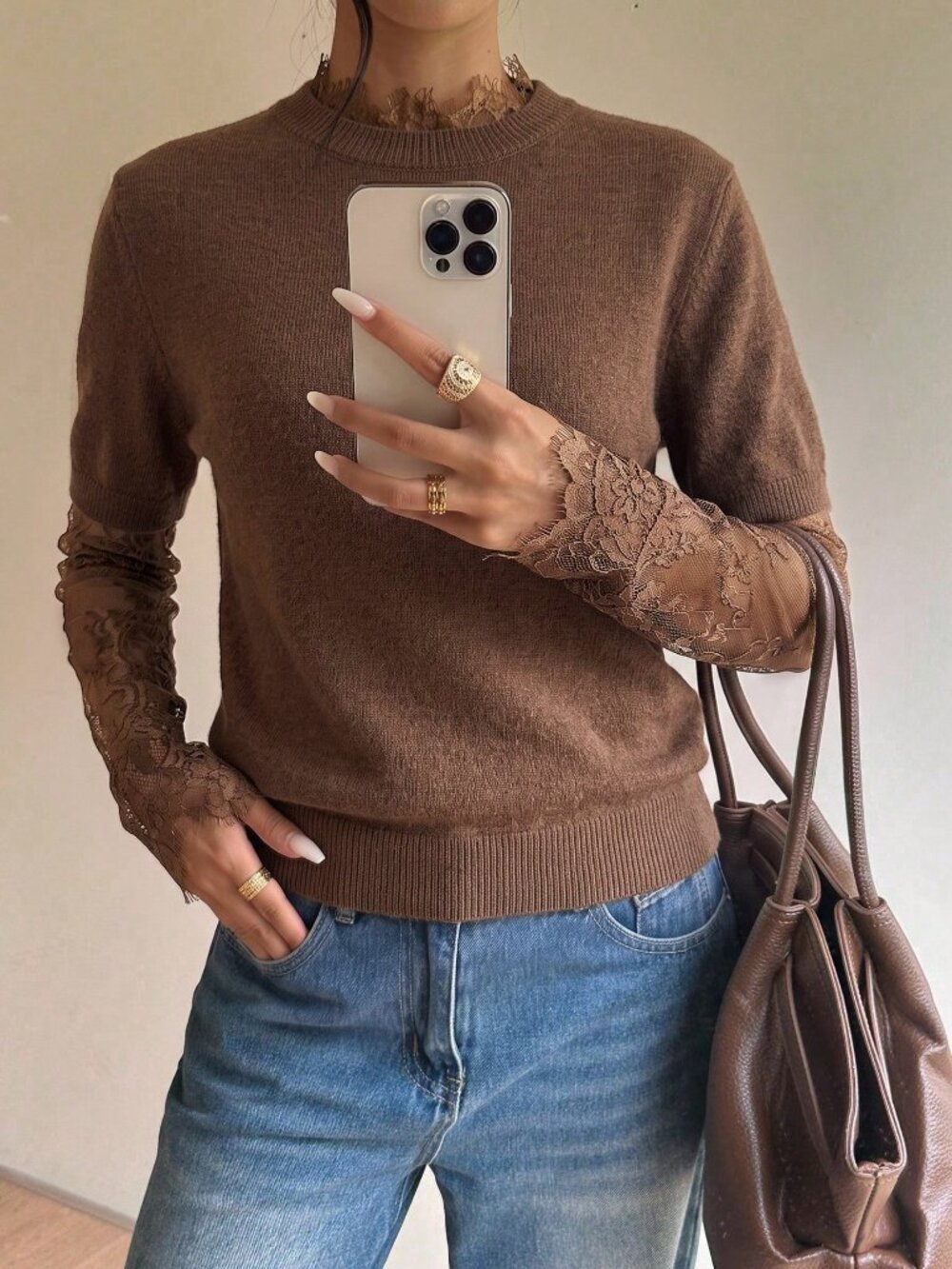 Brown Casual Women's Lace detailed Plush Knit Sweater top - Picture 6 of 9